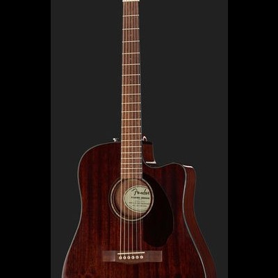 Guitarra acústica Fender de madeira escura com seis cordas e tampo recortado