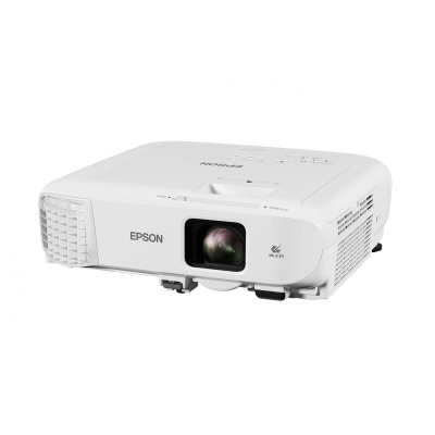 Projetor Epson branco com lente frontal e detalhes texturados nas laterais
