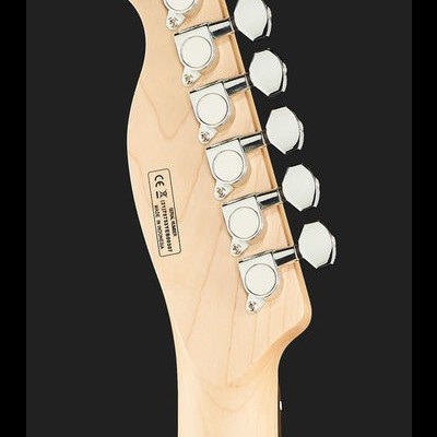 Cabeça de guitarra elétrica de madeira clara com seis cravelhas cromadas e etiqueta com informações técnicas