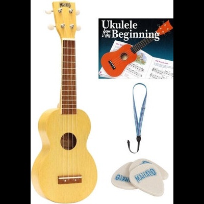 Ukulele, palhetas, cabo azul e livro de partituras 'Ukulele From The Beginning'