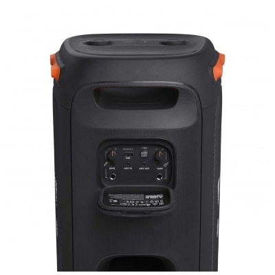 Coluna de som preta com detalhes laranja e controlos visíveis