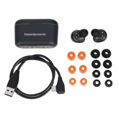 Auriculares sem fios beyerdynamic com estojo, cabo USB e pontas de silicone laranja e preta