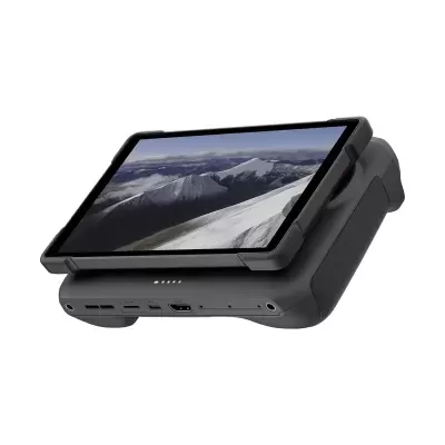 Tablet portátil preto com ecrã tátil a mostrar imagem de montanhas