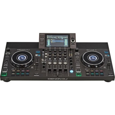 Mesa de mistura e controlador DJ Denon DJ preto com ecrã táctil central e dois pratos