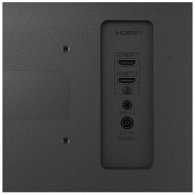 Detalhe das portas HDMI, auscultadores e entrada DC-IN num dispositivo preto