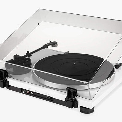 Gira-discos branco com tampa transparente