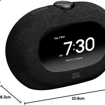 Relógio despertador digital preto com ecrã oval e textura em tecido
