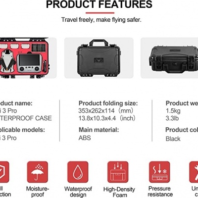 Mala preta impermeável para Mini 3 Pro com compartimentos internos e características destacadas.