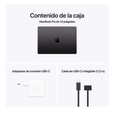 Conteúdo da caixa do MacBook Pro 14 polegadas com adaptador USB-C e cabo MagSafe 3
