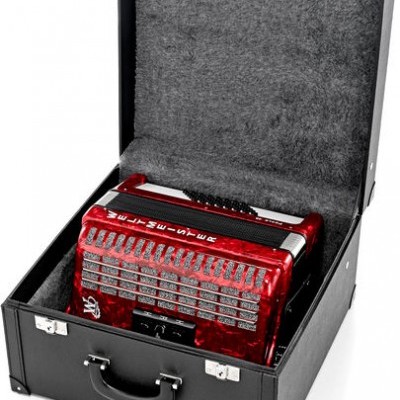 Acordeão vermelho na mala preta acolchoada aberta
