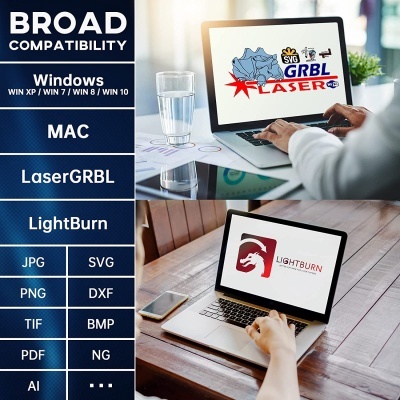 Computadores portáteis com logos GRBL LASER e LIGHTBURN, lista de compatibilidade de software e formatos de ficheiro