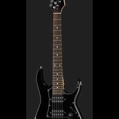 Guitarra elétrica preta com madeira castanha e tarraxas prateadas