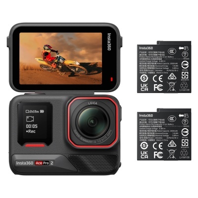 Câmara de ação Insta360 Ace Pro 2 preta com detalhes vermelhos e duas baterias