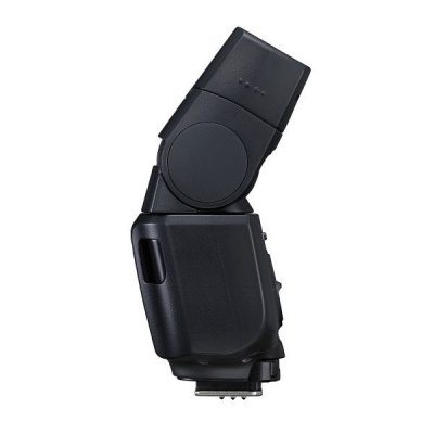 Flash externo preto para câmara fotográfica com design retangular e parte articulada