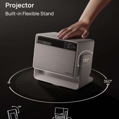 Projetor cinzento com suporte ajustável em fundo escuro