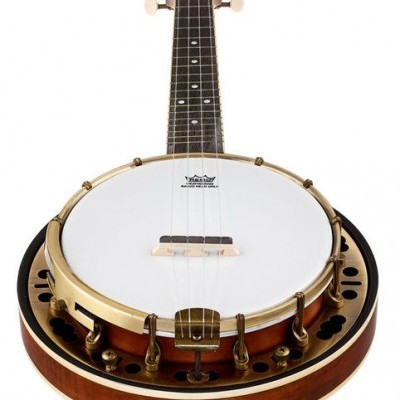 Banjo com pele branca, ferragens douradas, braço escuro e etiqueta REVO MADE IN U.S.A.