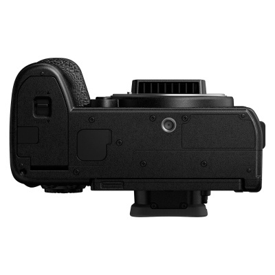 Câmara fotográfica digital preta vista de lado