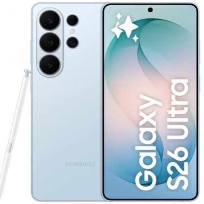 Smartphone Samsung Galaxy S26 Ultra azul com caneta e texto no ecrã