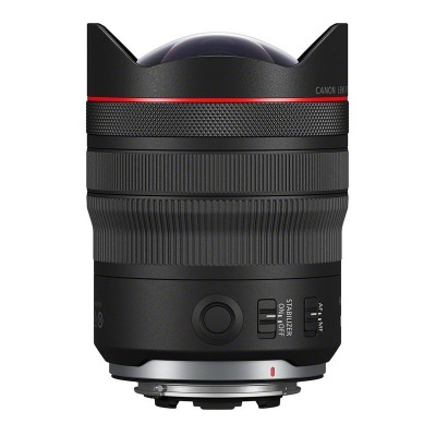 Objetiva de câmara fotográfica Canon preta com detalhes vermelhos e prata