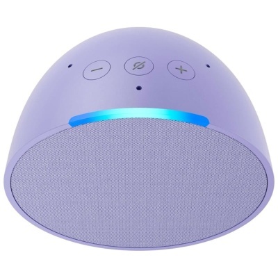 Coluna de som portátil lilás com botões e luz LED azul