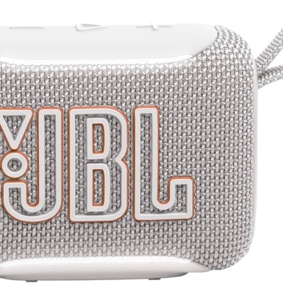 Coluna portátil JBL cinzenta com tecido texturizado e alça de transporte.