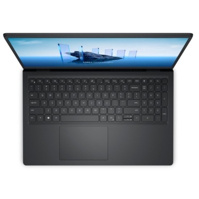 Portátil Dell preto com teclado e ecrã aberto mostrando imagem azul