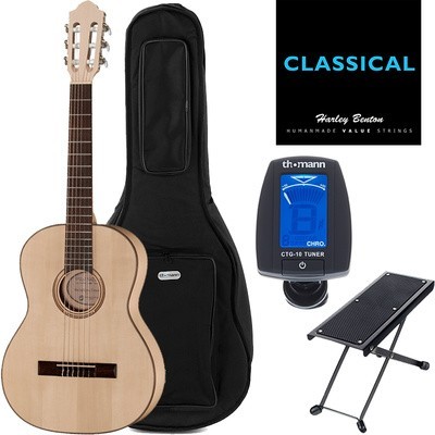 Conjunto de guitarra clássica, bag, afinador digital, pedal e texto promocional
