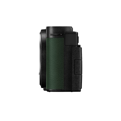 Máquina fotográfica compacta com corpo preto e verde vista de lado