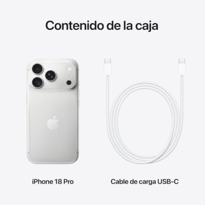 iPhone 18 Pro branco com três câmaras e cabo USB-C branco sobre fundo cinza claro