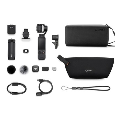 Conjunto de acessórios para câmara Osmo da DJI com estabilizador, estojos, microfone, cabos e adaptadores preto