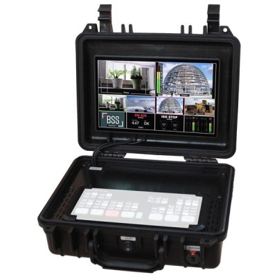 Equipamento portátil de vídeo em caixa preta com monitor e painel de controlo