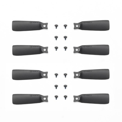 Conjunto de oito pás de hélice pretas e oito parafusos em fundo branco