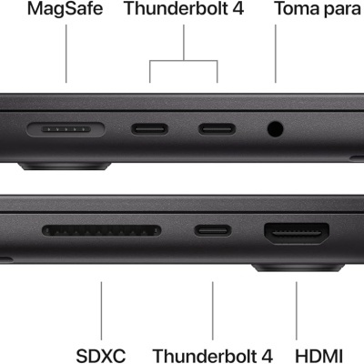 Portátil preto mostrando portas MagSafe, Thunderbolt 4, auriculares, SDXC e HDMI