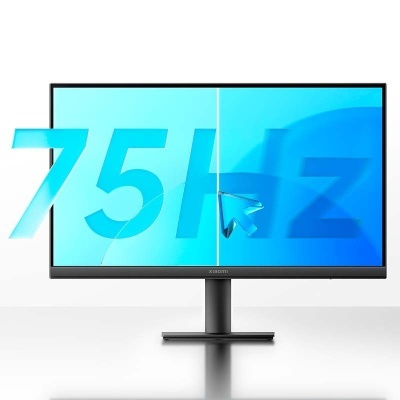Monitor Xiaomi preto com ecrã azul e texto 75Hz