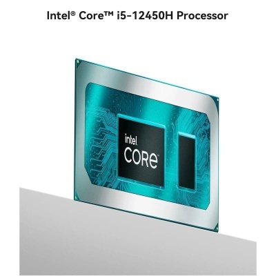 Processador Intel Core i5-12450H prateado e azul-turquesa com texto intel CORE