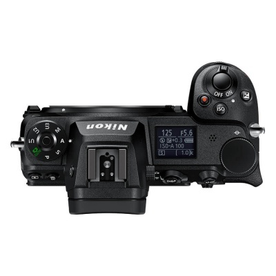 Câmara fotográfica Nikon vista de cima com visor digital e botões