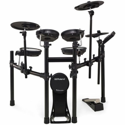 Bateria eletrónica Roland V-Drums preta com tambores e pratos
