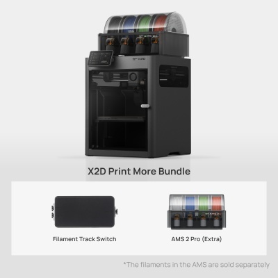 Impressora 3D Bambu Lab X2D com display tátil e filamentos coloridos.