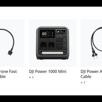Três produtos DJI: cabo de carregamento drone, estação de energia portátil, cabo AC preto.