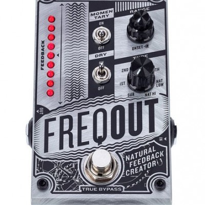 Pedal de efeitos para guitarra Digitech FREQOUT prateado com botões pretos e LEDs vermelhos