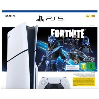 Consola PlayStation 5 com caixa do jogo Fortnite e controlador DualSense