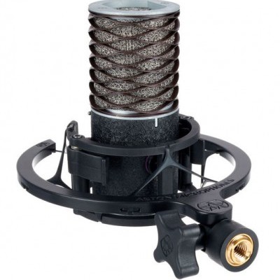 Microfone condensador profissional com suporte antichoque preto e cápsula prateada