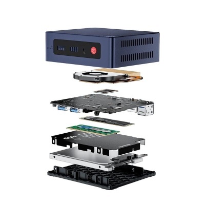 Computador compacto azul com componentes eletrónicos desmontados