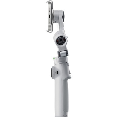 Gimbal branco com smartphone cinzento montado, fundo branco
