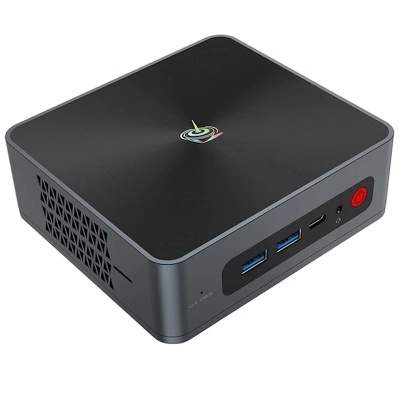 Mini PC cinza e preto com portas USB e botão vermelho