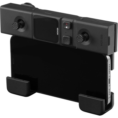 Comando de videojogo preto com suporte para telemóvel