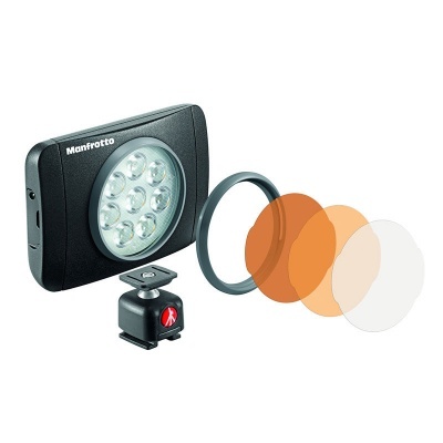 Luz LED Manfrotto preta com suporte e filtros coloridos