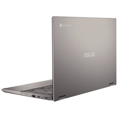 Portátil ASUS Chromebook cinza aberto, mostrado parcialmente de trás e lado