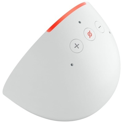 Dispositivo branco arredondado com botões de volume e microfone, indicador LED vermelho