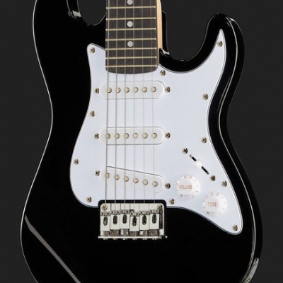 Guitarra elétrica preta com placas brancas e botões VOLUME e TONE